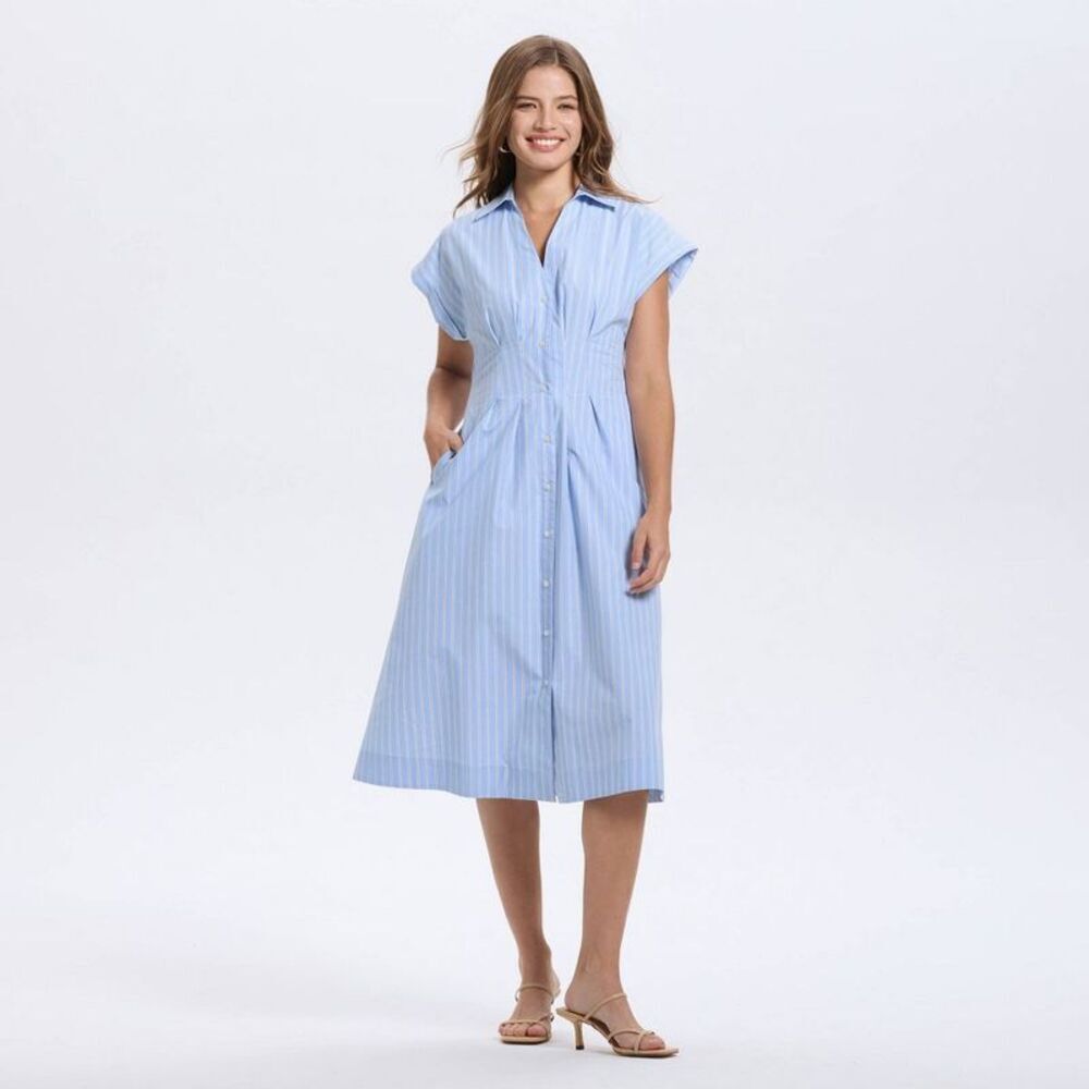 A New Day - Women's Short Sleeve Pleated Midi Shirtdress - A N Blue